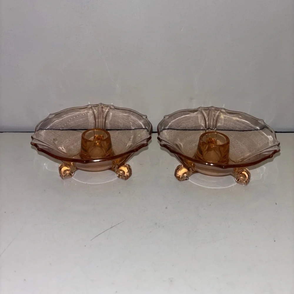 VINTAGE PINK FOSTORIA DEPRESSION GLASS CANDLESTICK HOLDERS, TRI-FOOTED